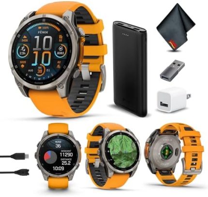 Garmin Fenix 8 47MM AMOLED Sapphire Multisport GPS Smartwatch Titanium with Spark Orange/Graphite Silicone Band, Built-in LED Flashlight, Health & Fitness Smart Watch Bundle for Men & Women